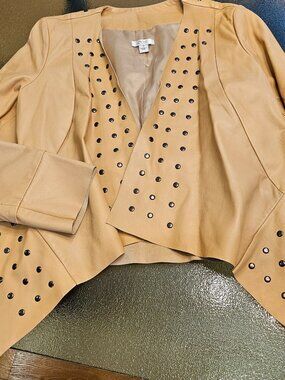 Cache Vintage Soft Leather Open Front Studded Jacket Sz Small Beige